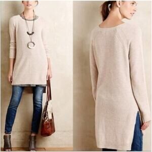 Anthropologie Moth Long Sleeve Sweater Dress Cream Side Slits Cotton Blend SZ S